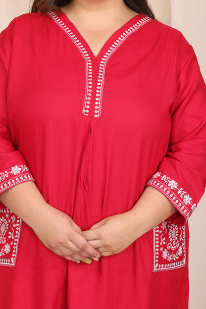 SOLID EMBROIDERED COTTON KURTA PANT SET IN RED BY PLUSSIZEKURTI