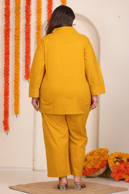 SOLID LEAF EMBROIDERY COTTON SHIRT PANT CO-ORD SET IN MUSTARD YELLOW BY PLUSSIZEKURTI