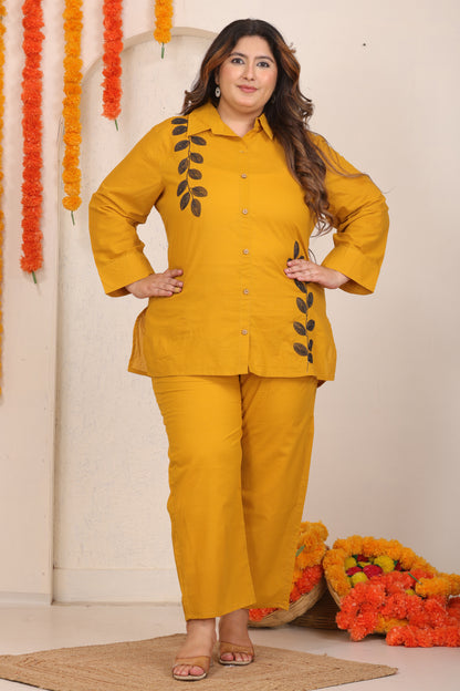SOLID LEAF EMBROIDERY COTTON SHIRT PANT CO-ORD SET IN MUSTARD YELLOW BY PLUSSIZEKURTI