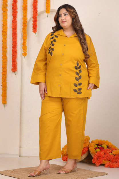 SOLID LEAF EMBROIDERY COTTON SHIRT PANT CO-ORD SET IN MUSTARD YELLOW BY PLUSSIZEKURTI