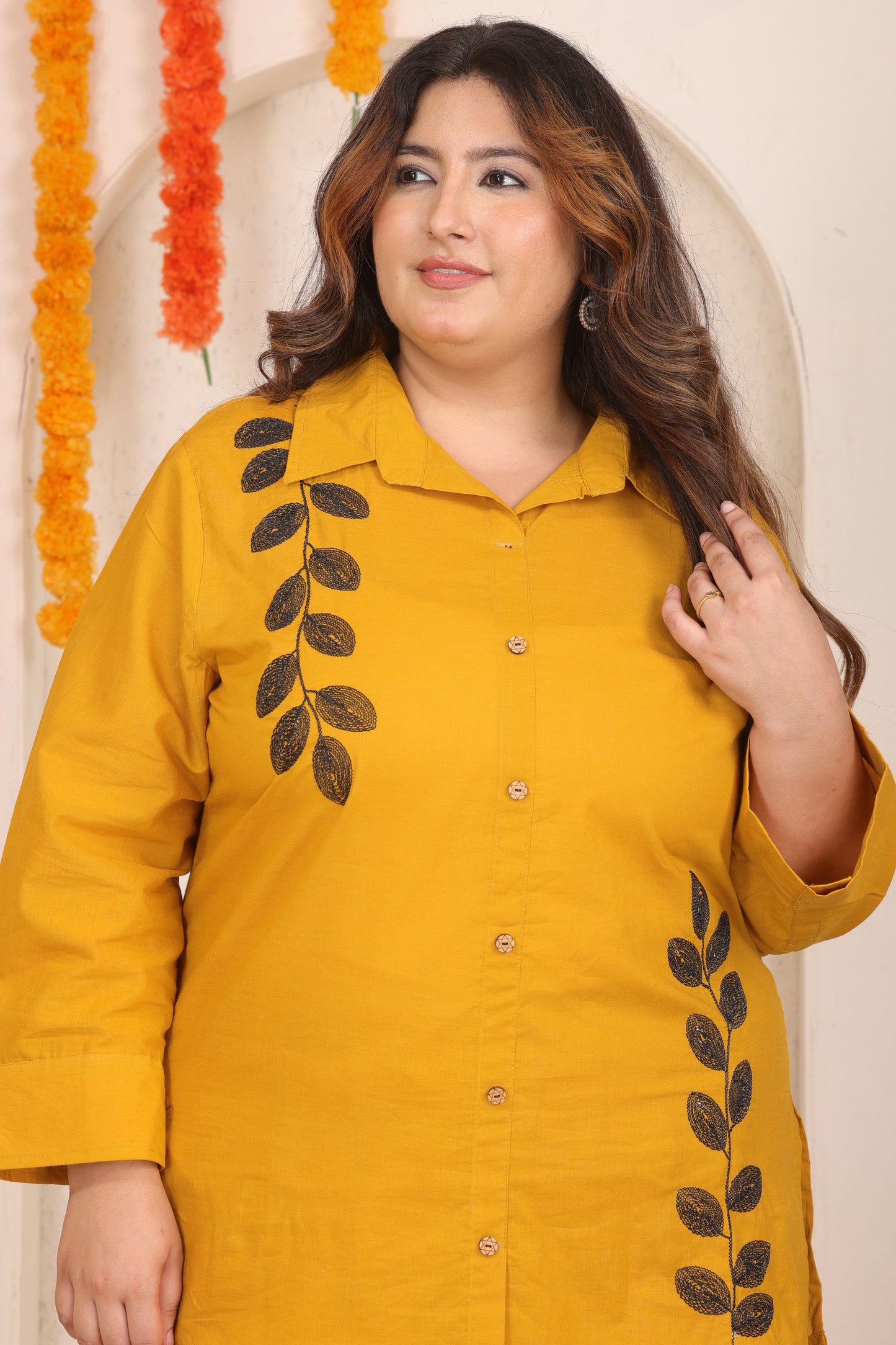 SOLID LEAF EMBROIDERY COTTON SHIRT PANT CO-ORD SET IN MUSTARD YELLOW BY PLUSSIZEKURTI