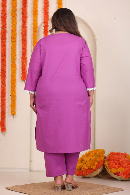 SOLID EMBROIDERED COTTON KURTA PANT SET IN Pink Floral BY PLUSSIZEKURTI