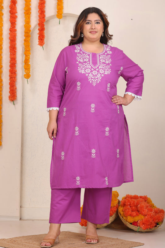 SOLID EMBROIDERED COTTON KURTA PANT SET IN Pink Floral BY PLUSSIZEKURTI