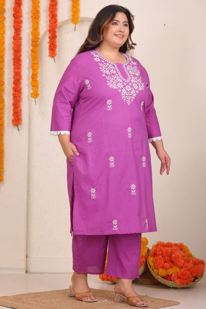 SOLID EMBROIDERED COTTON KURTA PANT SET IN Pink Floral BY PLUSSIZEKURTI