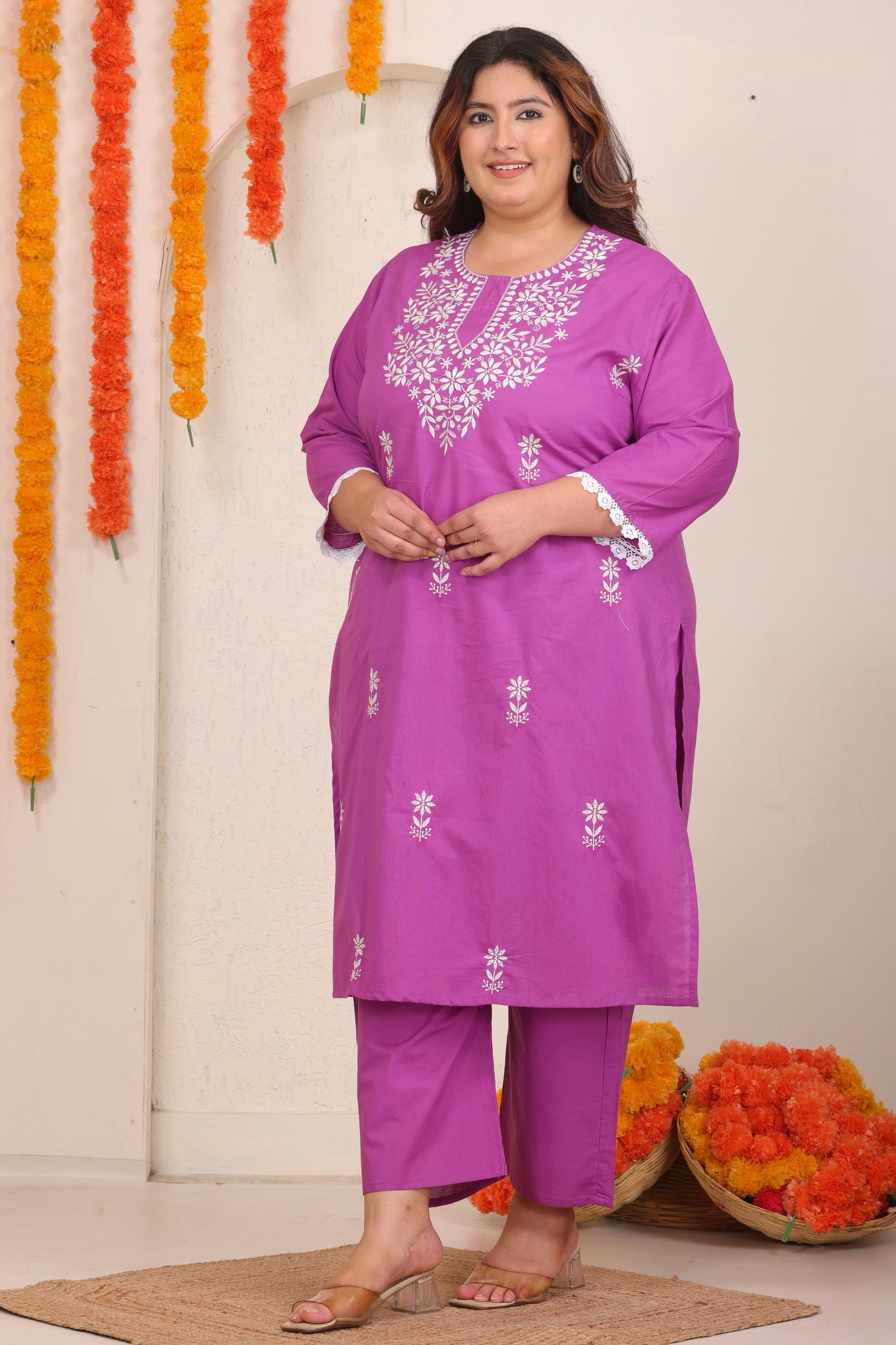 SOLID EMBROIDERED COTTON KURTA PANT SET IN Pink Floral BY PLUSSIZEKURTI