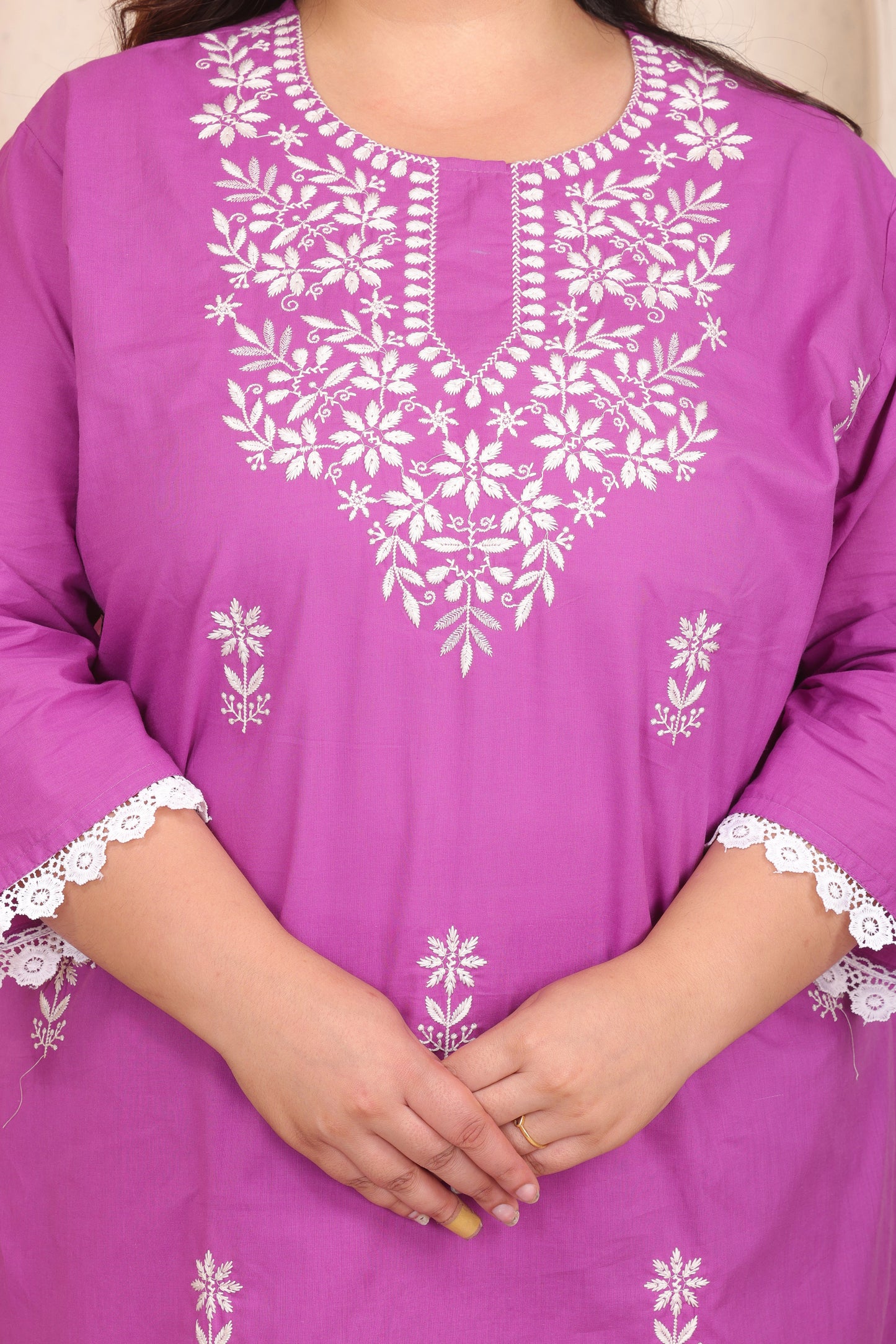 SOLID EMBROIDERED COTTON KURTA PANT SET IN Pink Floral BY PLUSSIZEKURTI
