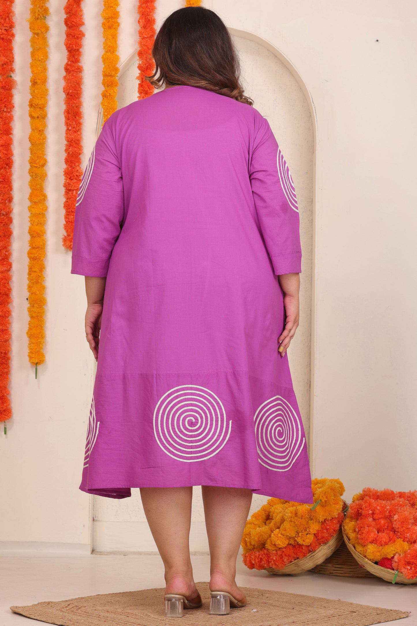 SOLID SPIRAL EMBROIDERY COTTON A-LINE DRESS IN MAGENTA PINK BY PLUSSIZEKURTI