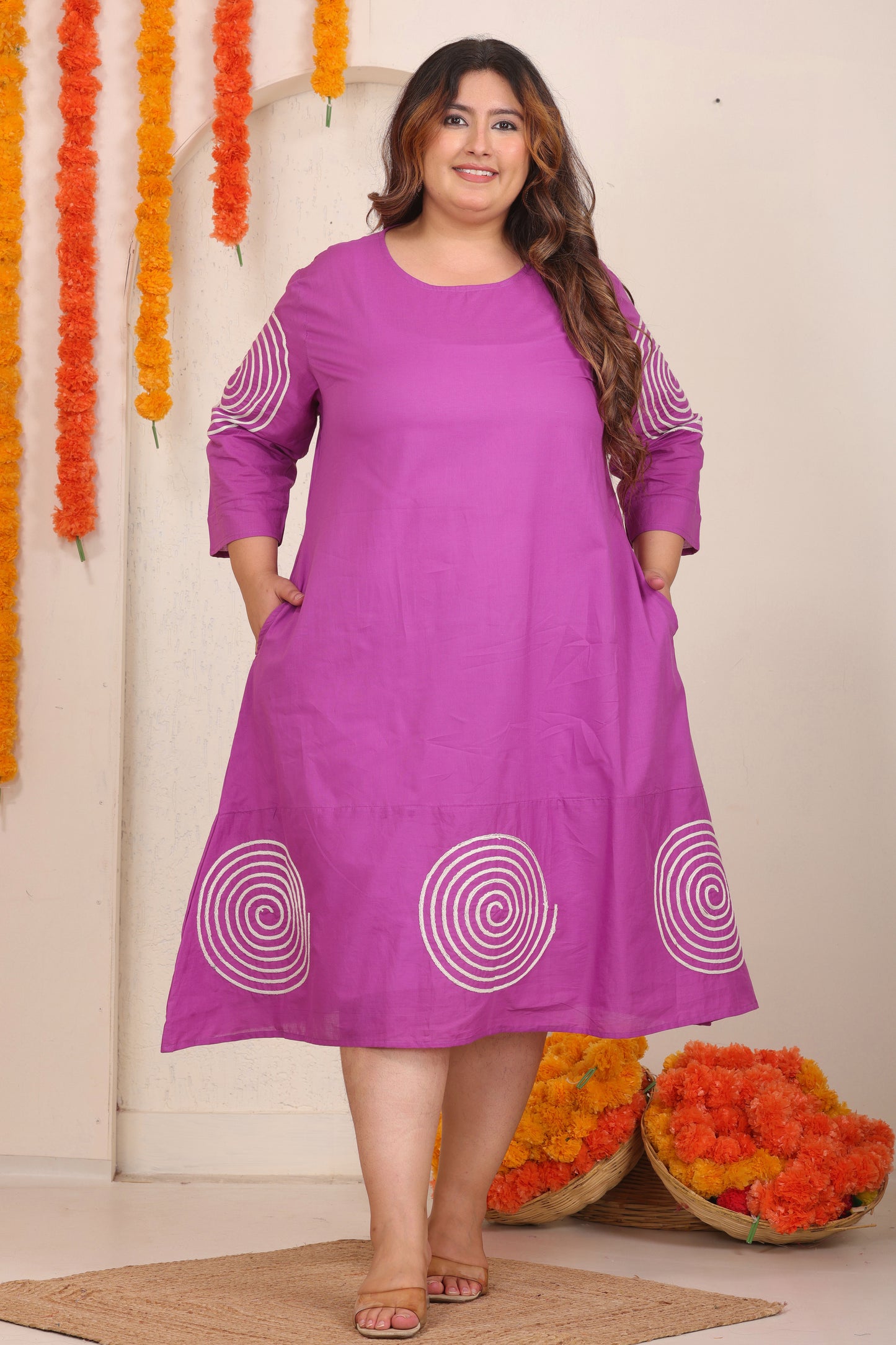 SOLID SPIRAL EMBROIDERY COTTON A-LINE DRESS IN MAGENTA PINK BY PLUSSIZEKURTI