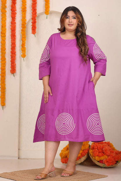 SOLID SPIRAL EMBROIDERY COTTON A-LINE DRESS IN MAGENTA PINK BY PLUSSIZEKURTI