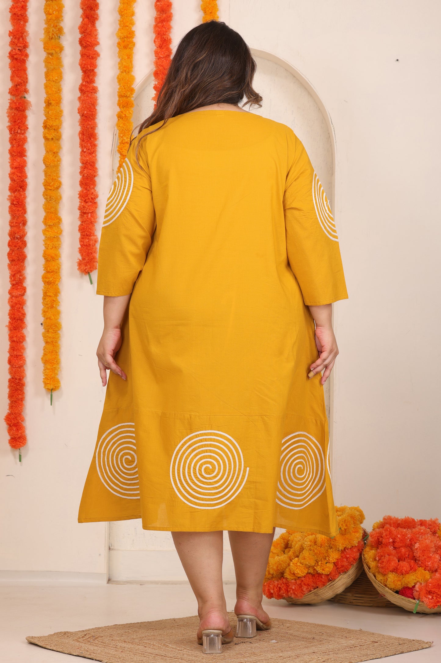 SOLID SPIRAL EMBROIDERY COTTON A-LINE DRESS IN MUSTARD YELLOW BY PLUSSIZEKURTI