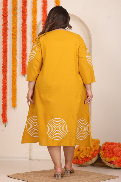 SOLID SPIRAL EMBROIDERY COTTON A-LINE DRESS IN MUSTARD YELLOW BY PLUSSIZEKURTI