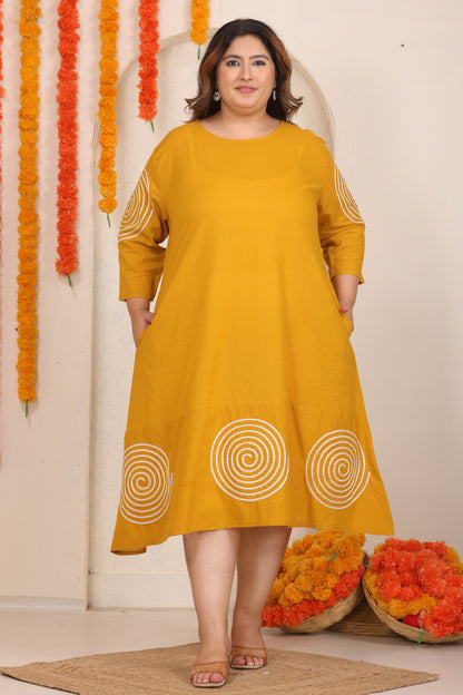 SOLID SPIRAL EMBROIDERY COTTON A-LINE DRESS IN MUSTARD YELLOW BY PLUSSIZEKURTI