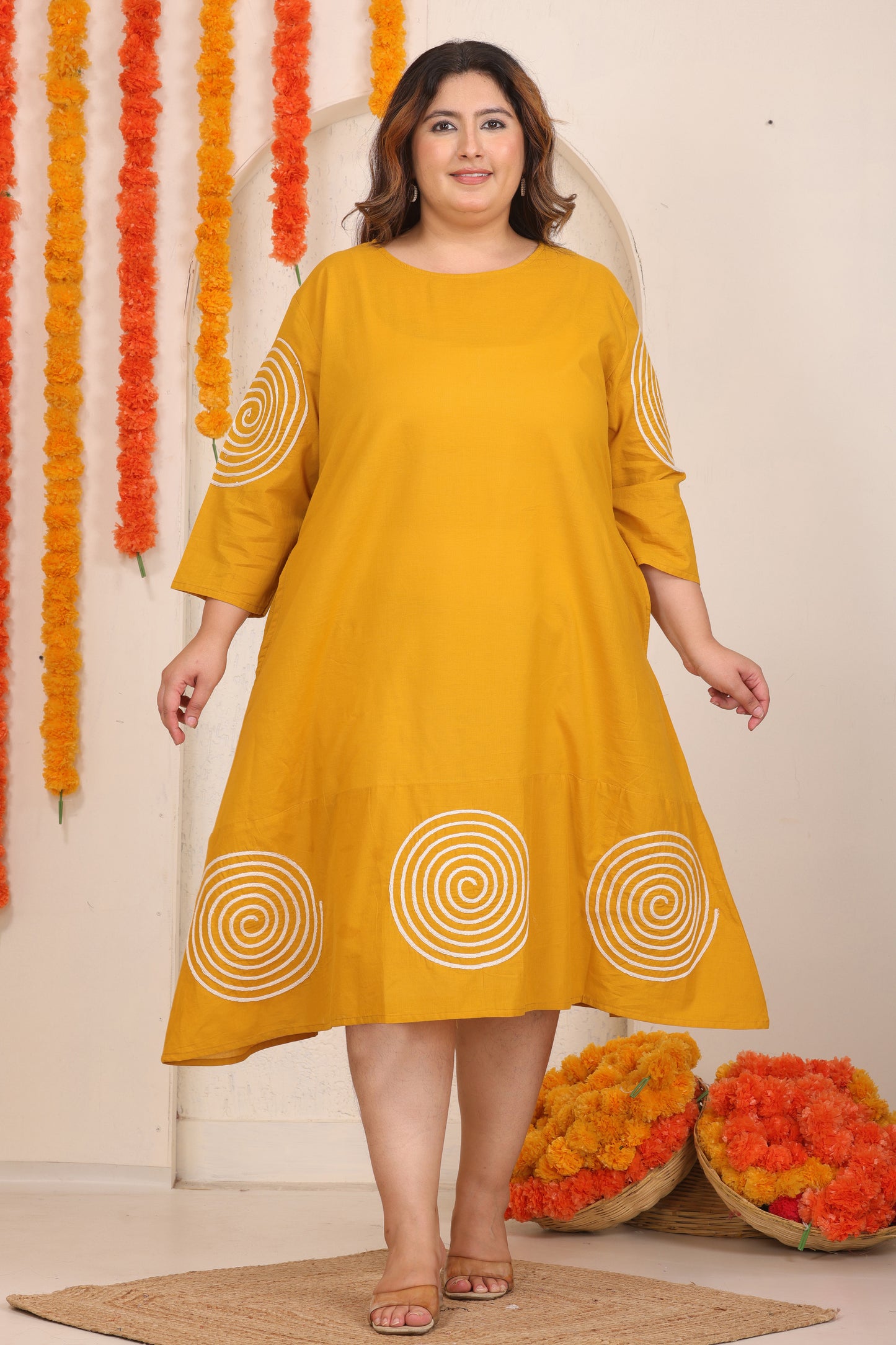 SOLID SPIRAL EMBROIDERY COTTON A-LINE DRESS IN MUSTARD YELLOW BY PLUSSIZEKURTI