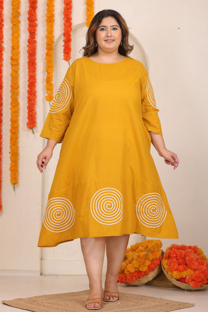 SOLID SPIRAL EMBROIDERY COTTON A-LINE DRESS IN MUSTARD YELLOW BY PLUSSIZEKURTI