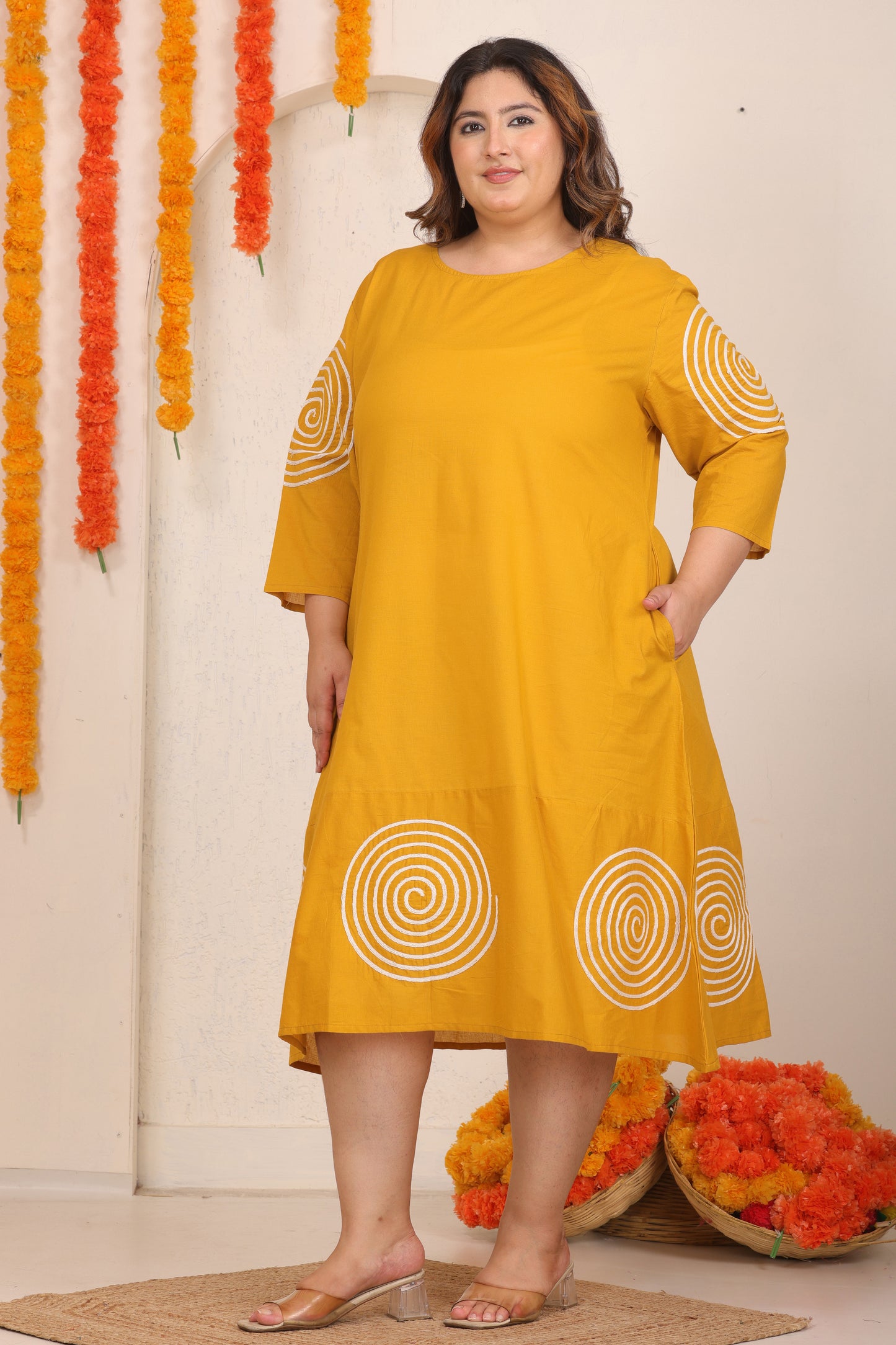 SOLID SPIRAL EMBROIDERY COTTON A-LINE DRESS IN MUSTARD YELLOW BY PLUSSIZEKURTI