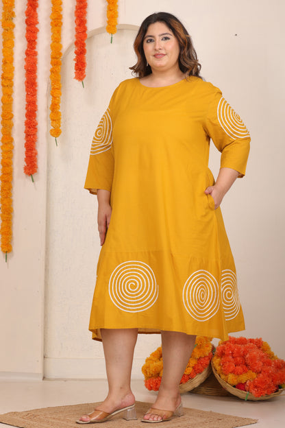 SOLID SPIRAL EMBROIDERY COTTON A-LINE DRESS IN MUSTARD YELLOW BY PLUSSIZEKURTI