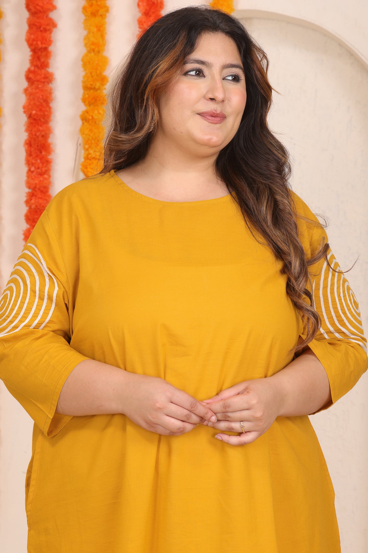 SOLID SPIRAL EMBROIDERY COTTON A-LINE DRESS IN MUSTARD YELLOW BY PLUSSIZEKURTI