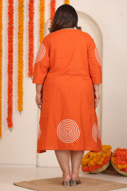 SOLID SPIRAL EMBROIDERY COTTON A-LINE DRESS IN ORANGE BY PLUSSIZEKURTI