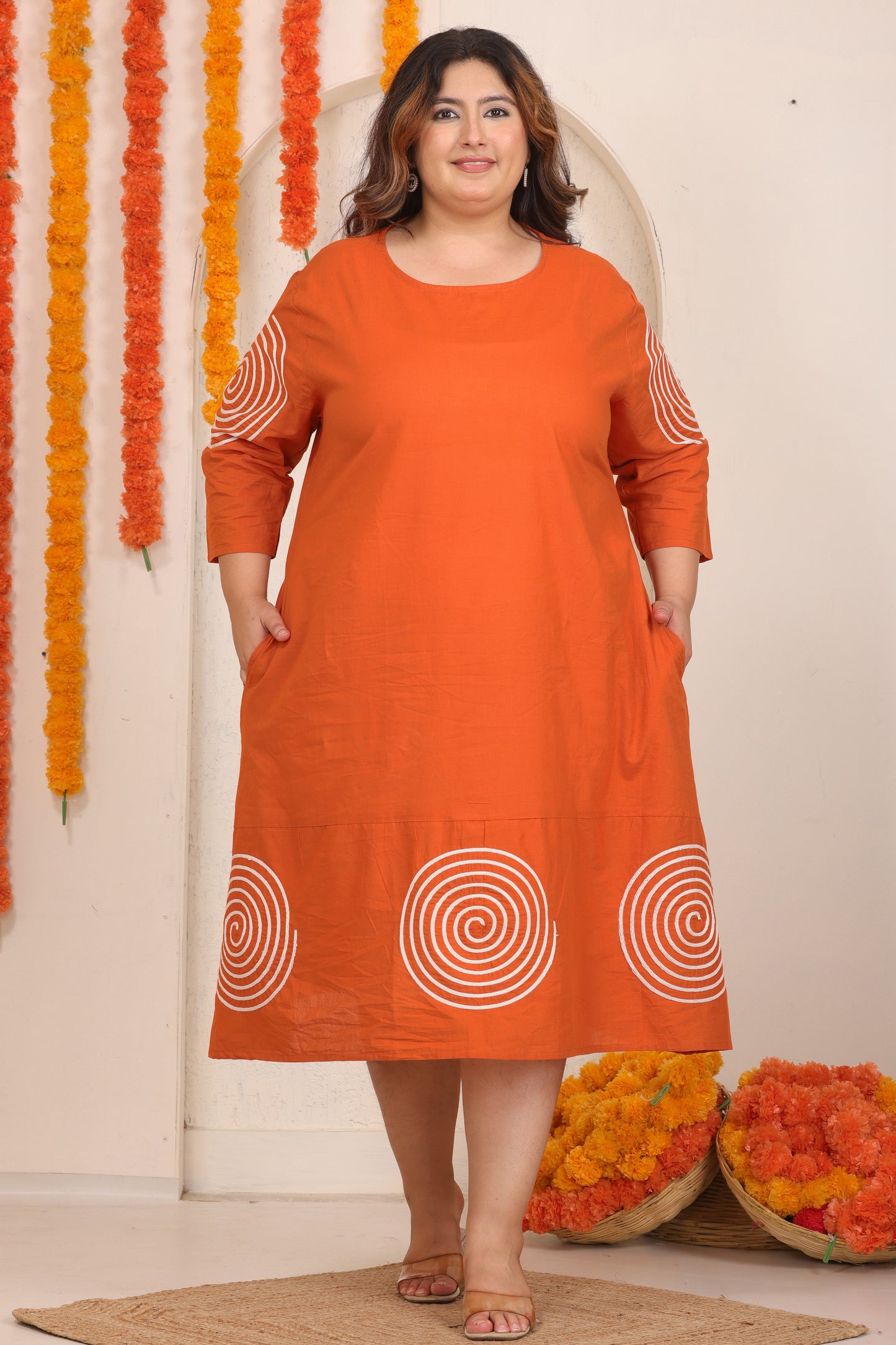 SOLID SPIRAL EMBROIDERY COTTON A-LINE DRESS IN ORANGE BY PLUSSIZEKURTI
