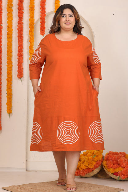 SOLID SPIRAL EMBROIDERY COTTON A-LINE DRESS IN ORANGE BY PLUSSIZEKURTI