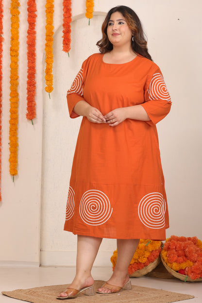 SOLID SPIRAL EMBROIDERY COTTON A-LINE DRESS IN ORANGE BY PLUSSIZEKURTI