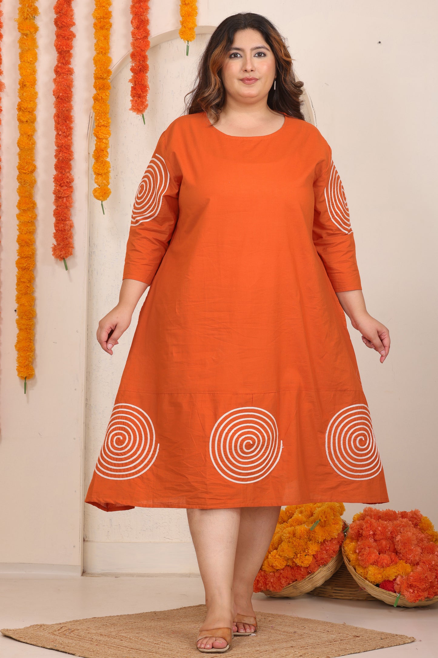 SOLID SPIRAL EMBROIDERY COTTON A-LINE DRESS IN ORANGE BY PLUSSIZEKURTI