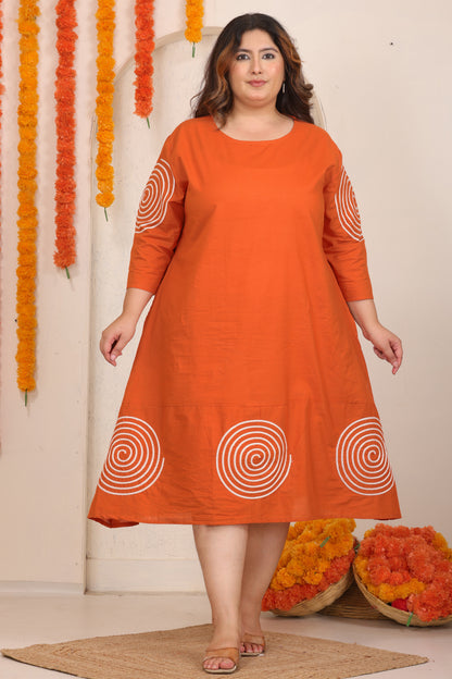 SOLID SPIRAL EMBROIDERY COTTON A-LINE DRESS IN ORANGE BY PLUSSIZEKURTI
