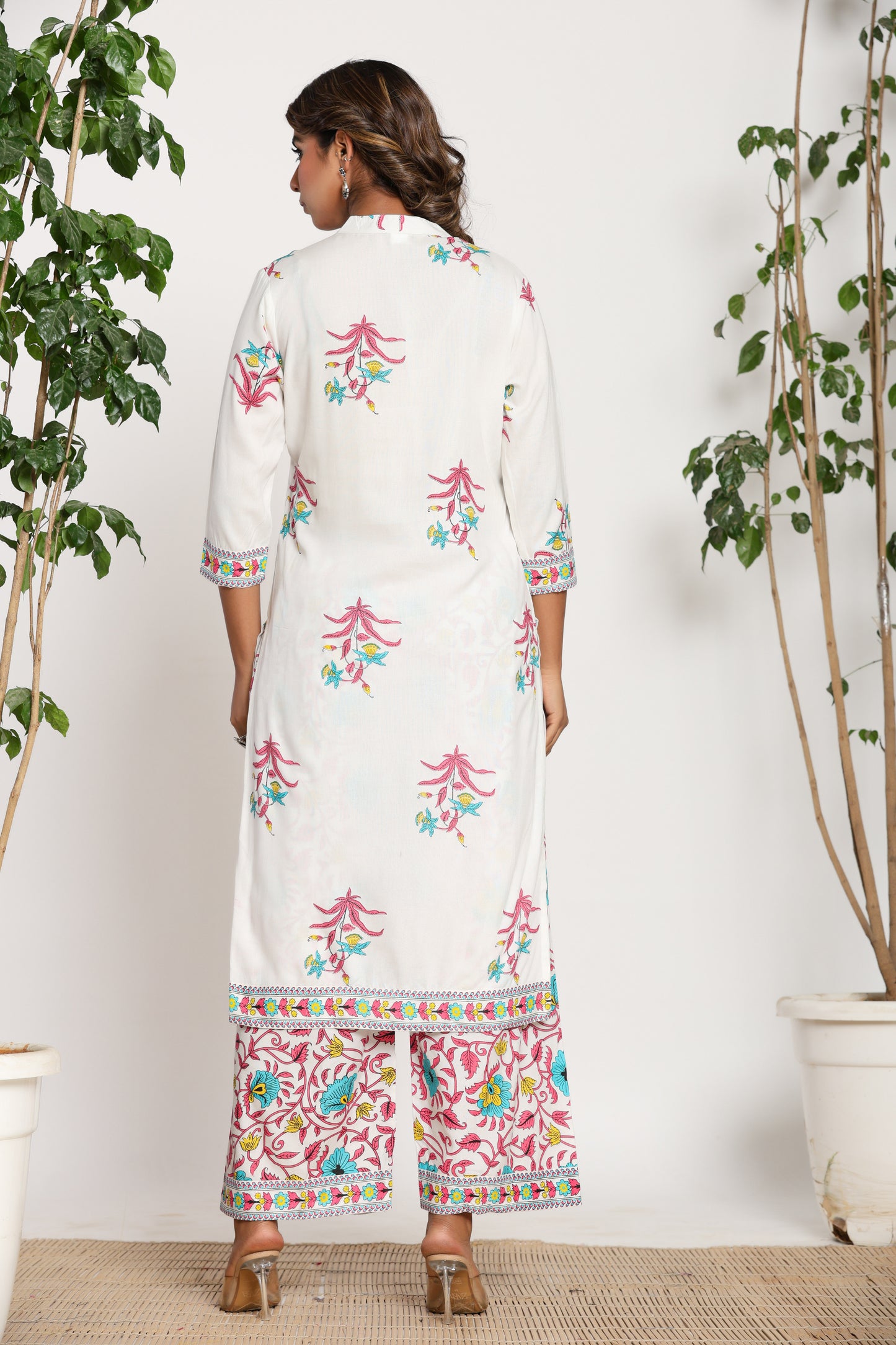 MUGHAL PRINT COTTON 2 PEICE KURTI PLAZZO SET IN WHITE/PINK BY PLUSSIZEKURTI