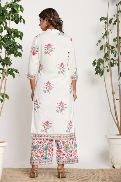 MUGHAL PRINT COTTON 2 PEICE KURTI PLAZZO SET IN WHITE/PINK BY PLUSSIZEKURTI