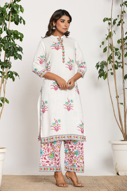 MUGHAL PRINT COTTON 2 PEICE KURTI PLAZZO SET IN WHITE/PINK BY PLUSSIZEKURTI
