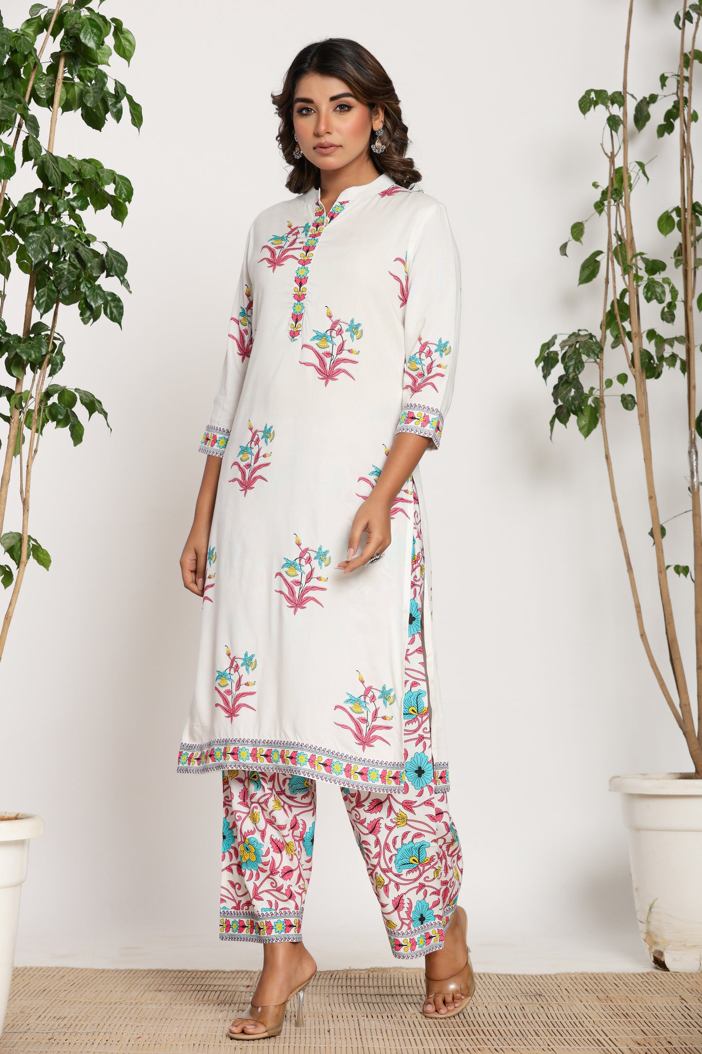 MUGHAL PRINT COTTON 2 PEICE KURTI PLAZZO SET IN WHITE/PINK BY PLUSSIZEKURTI