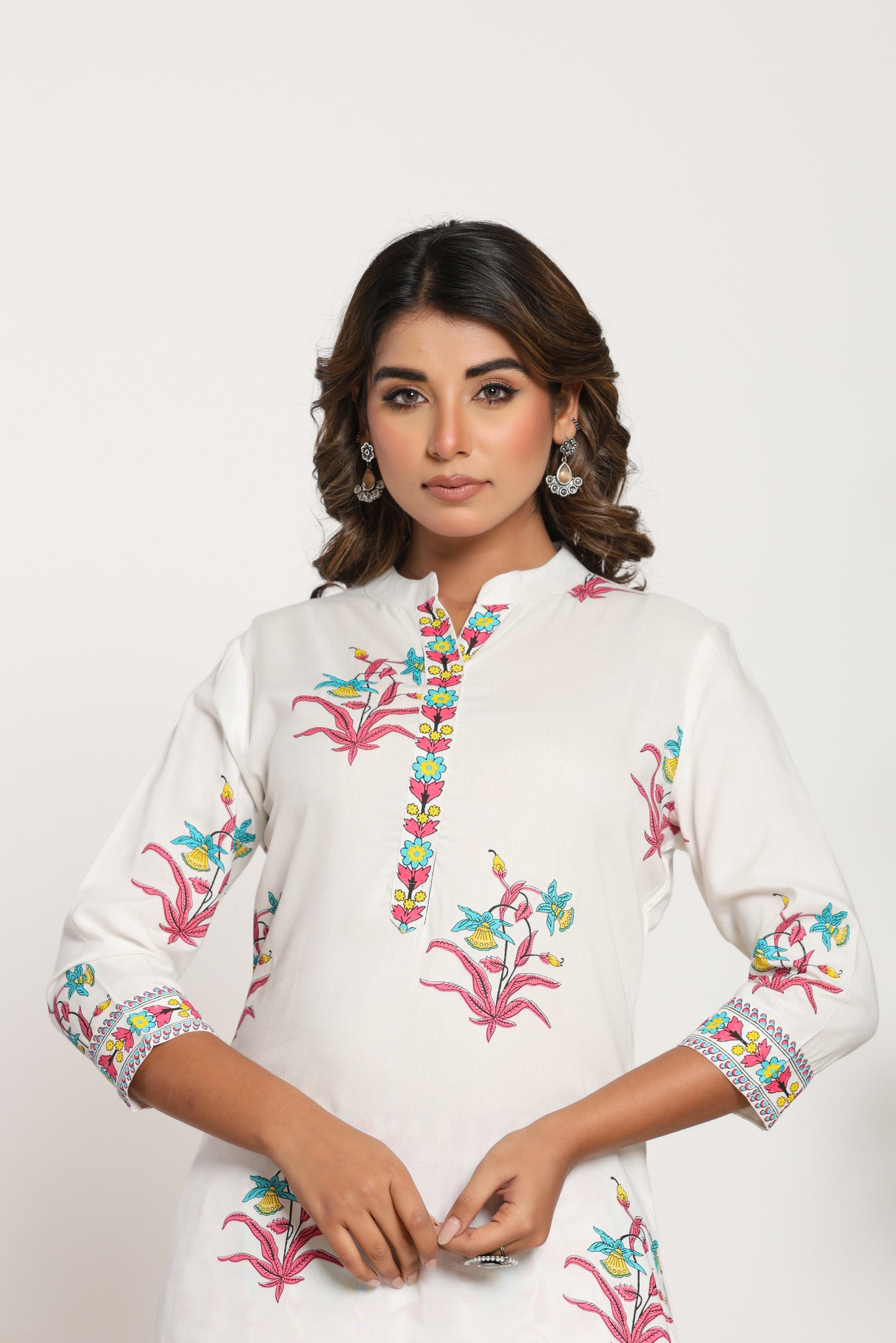 MUGHAL PRINT COTTON 2 PEICE KURTI PLAZZO SET IN WHITE/PINK BY PLUSSIZEKURTI
