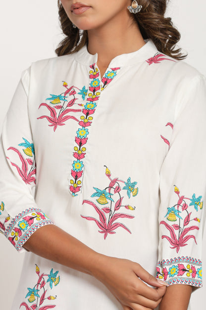 MUGHAL PRINT COTTON 2 PEICE KURTI PLAZZO SET IN WHITE/PINK BY PLUSSIZEKURTI