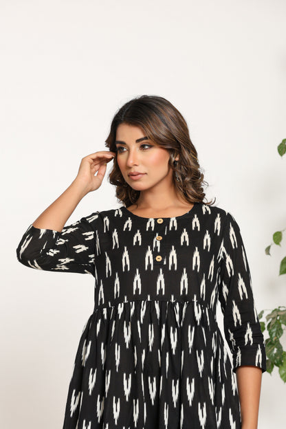 IKAT PRINT COTTON DRESS IN BLACK BY PLUSSIZEKURTI
