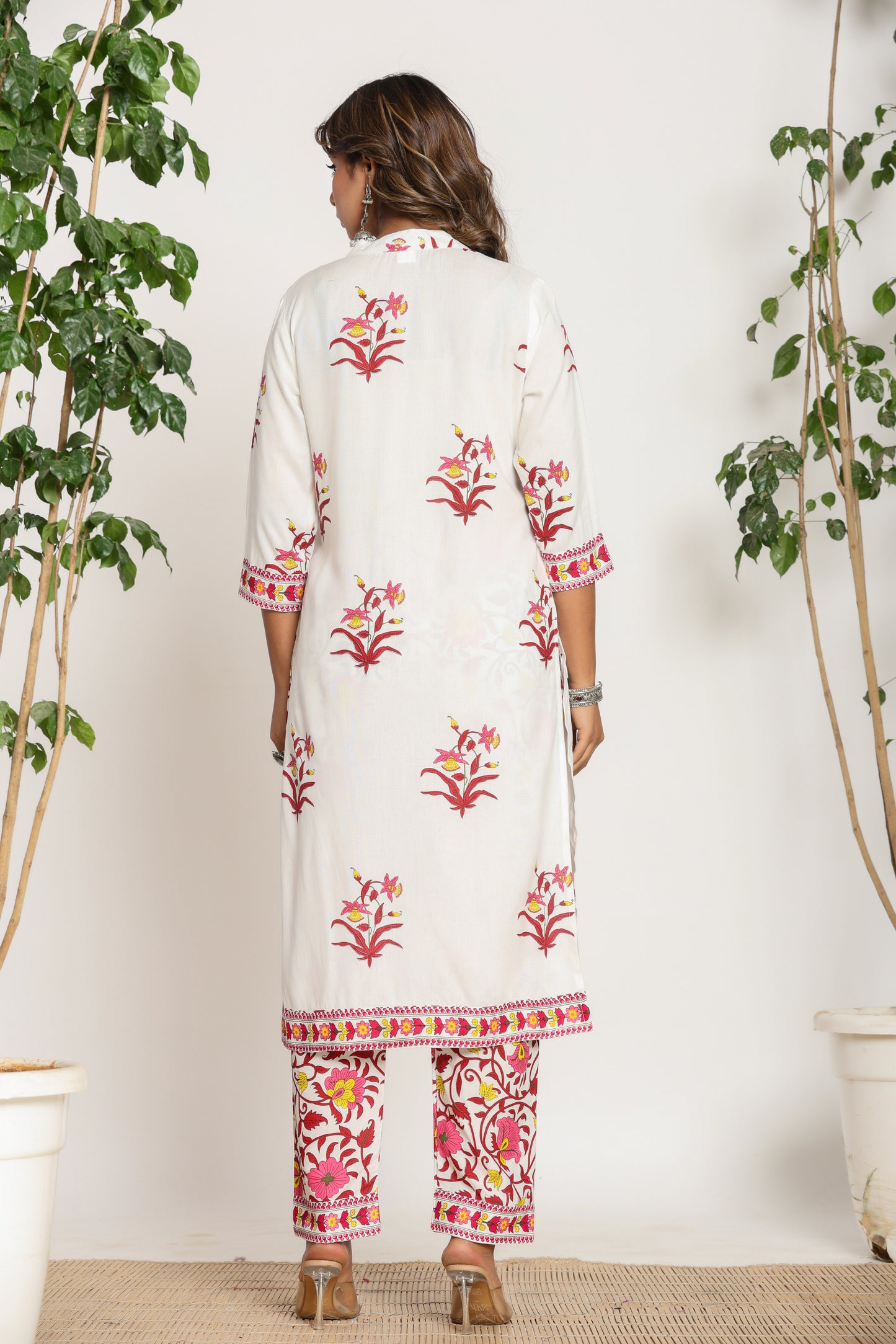 MUGHAL PRINT COTTON 3 PEICE KURTI PANT SET IN WHITE/PINK BY PLUSSIZEKURTI