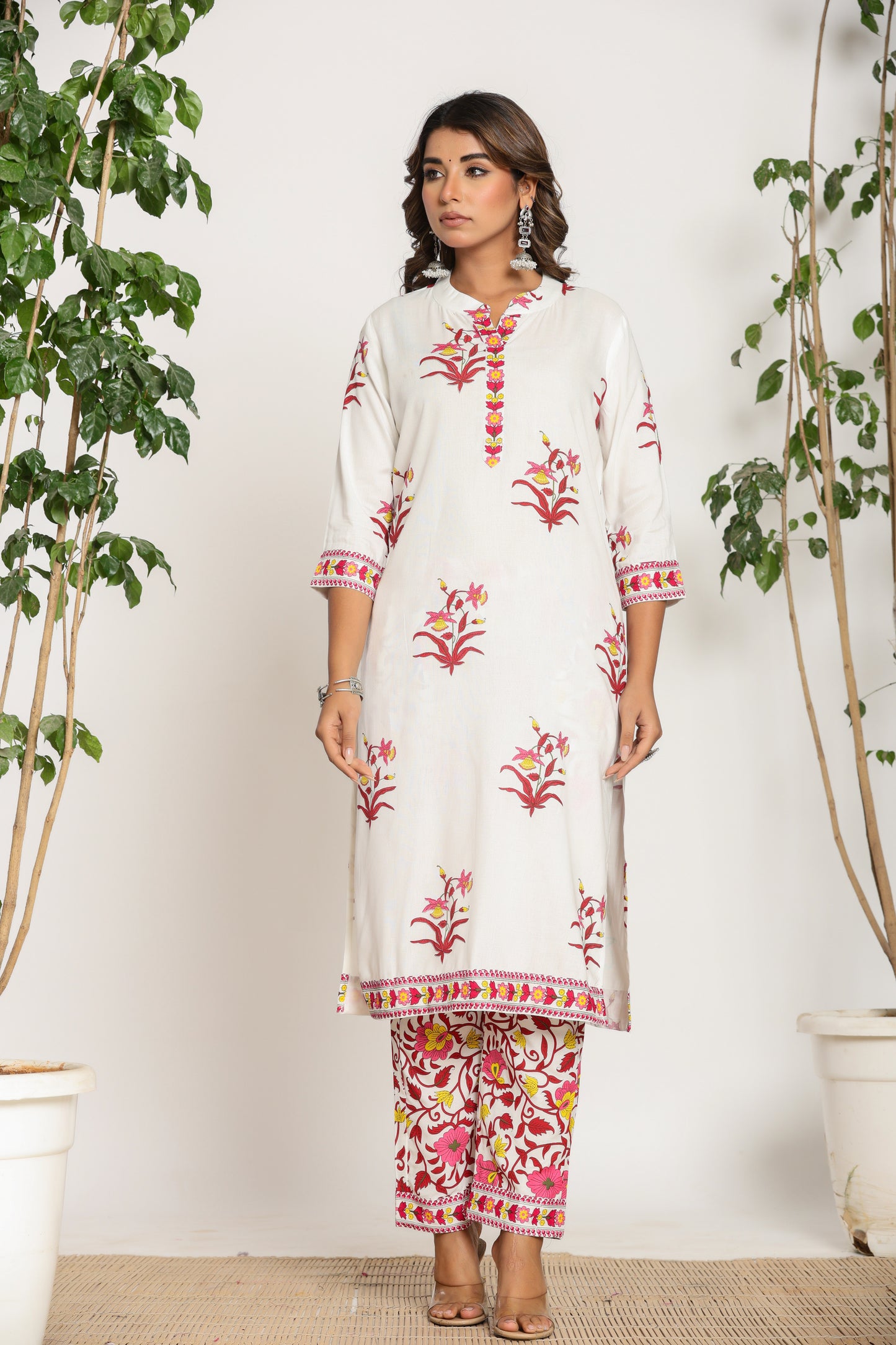 MUGHAL PRINT COTTON 3 PEICE KURTI PANT SET IN WHITE/PINK BY PLUSSIZEKURTI