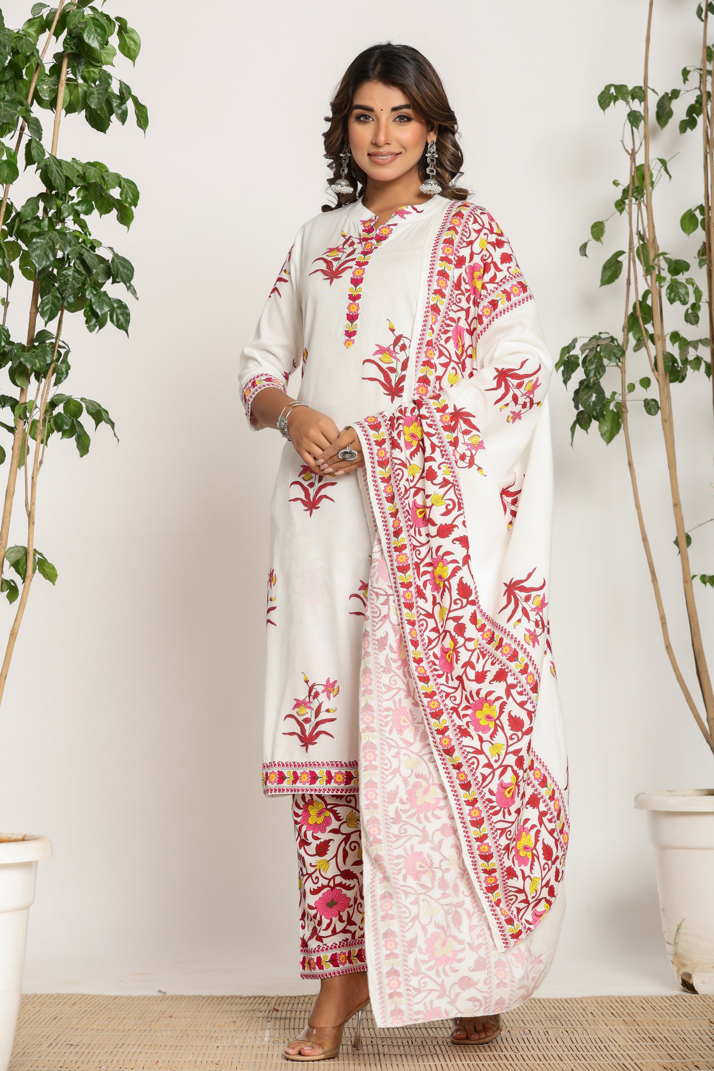 MUGHAL PRINT COTTON 3 PEICE KURTI PANT SET IN WHITE/PINK BY PLUSSIZEKURTI
