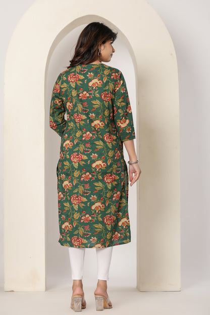 FLORAL PRINTED COTTON KURTI IN BOTTLEGREEN BY PLUSSIZE KURTI