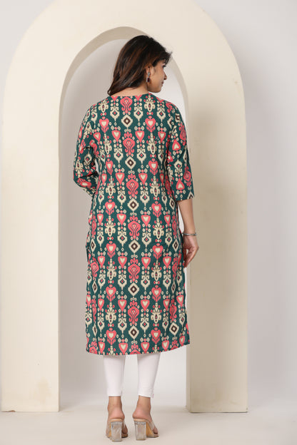 IKAT PRINTED COTTON KURTI TURQUOISE GREEN IN BY PLUSSIZE KURTI
