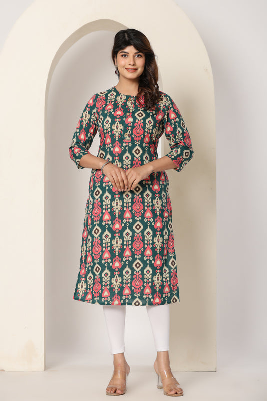 IKAT PRINTED COTTON KURTI TURQUOISE GREEN IN BY PLUSSIZE KURTI