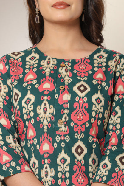 IKAT PRINTED COTTON KURTI TURQUOISE GREEN IN BY PLUSSIZE KURTI