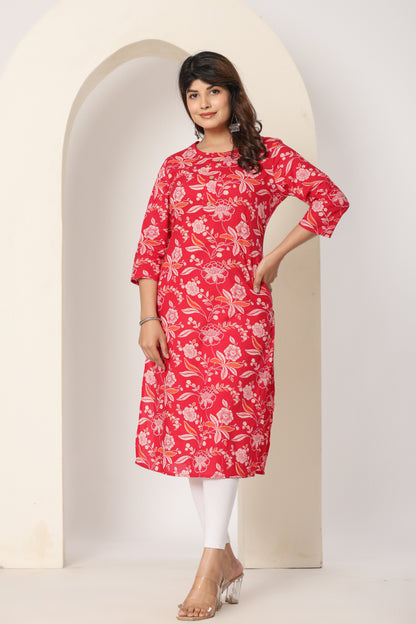 FLORAL PRINT COTTON KURTI IN RED BY PLUSSIZE KURTI