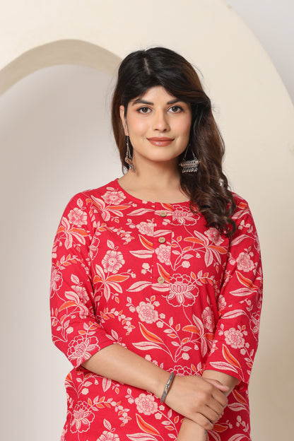 FLORAL PRINT COTTON KURTI IN RED BY PLUSSIZE KURTI