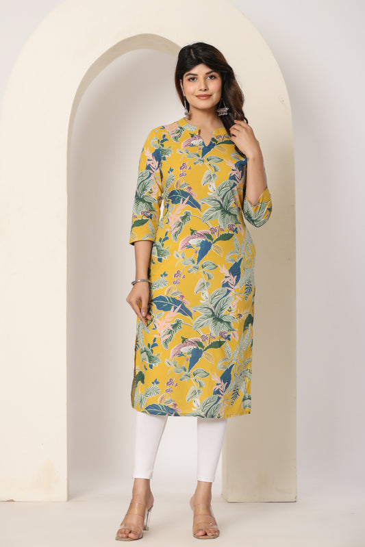 JUNGLE PRINT COTTON KURTI IN YELLOW BY PLUSSIZE KURTI