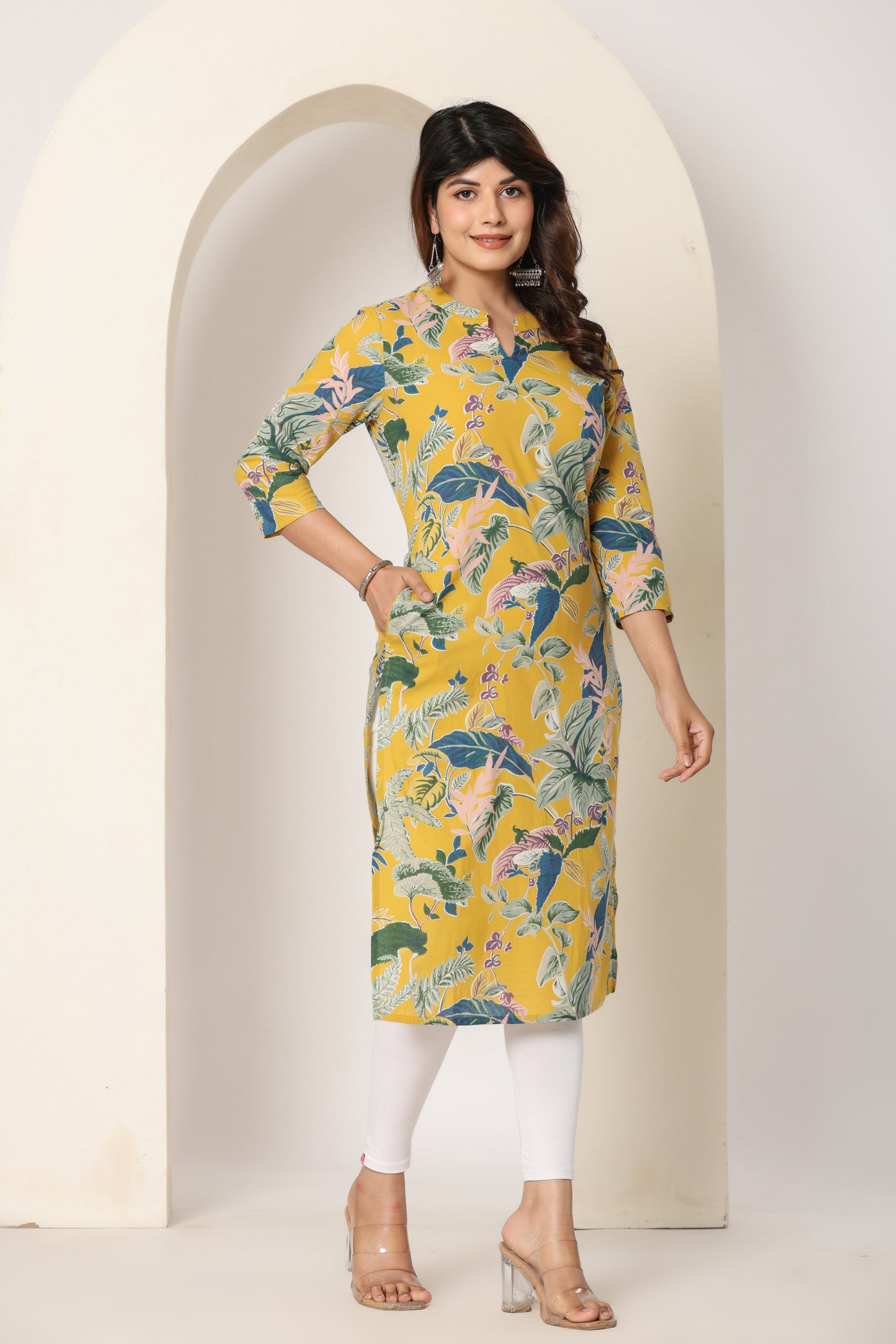 JUNGLE PRINT COTTON KURTI IN YELLOW BY PLUSSIZE KURTI