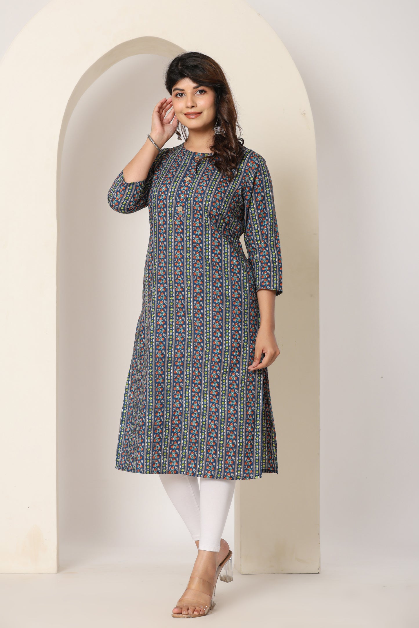 FLORAL STRIPE PRINT COTTON KURTI IN BLUE BY PLUSSIZE KURTI