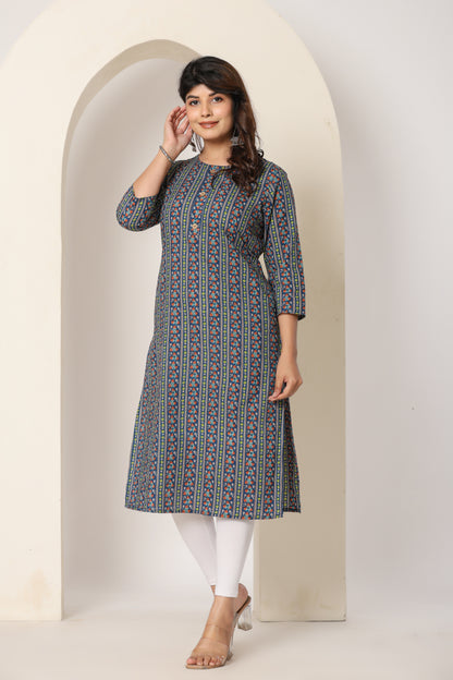 FLORAL STRIPE PRINT COTTON KURTI IN BLUE BY PLUSSIZE KURTI