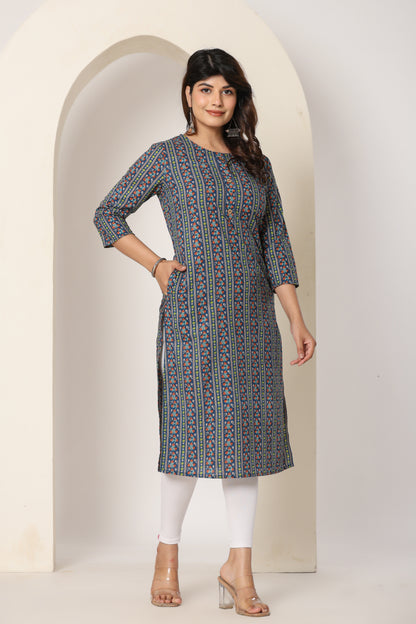 FLORAL STRIPE PRINT COTTON KURTI IN BLUE BY PLUSSIZE KURTI