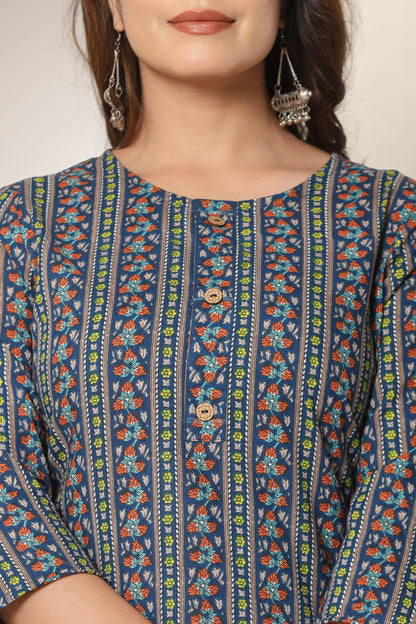 FLORAL STRIPE PRINT COTTON KURTI IN BLUE BY PLUSSIZE KURTI