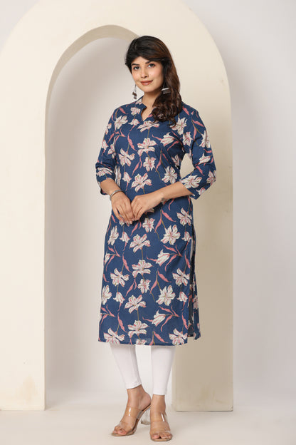 FLORAL PRINT COTTON KURTI IN BLUE BY PLUSSIZE KURTI